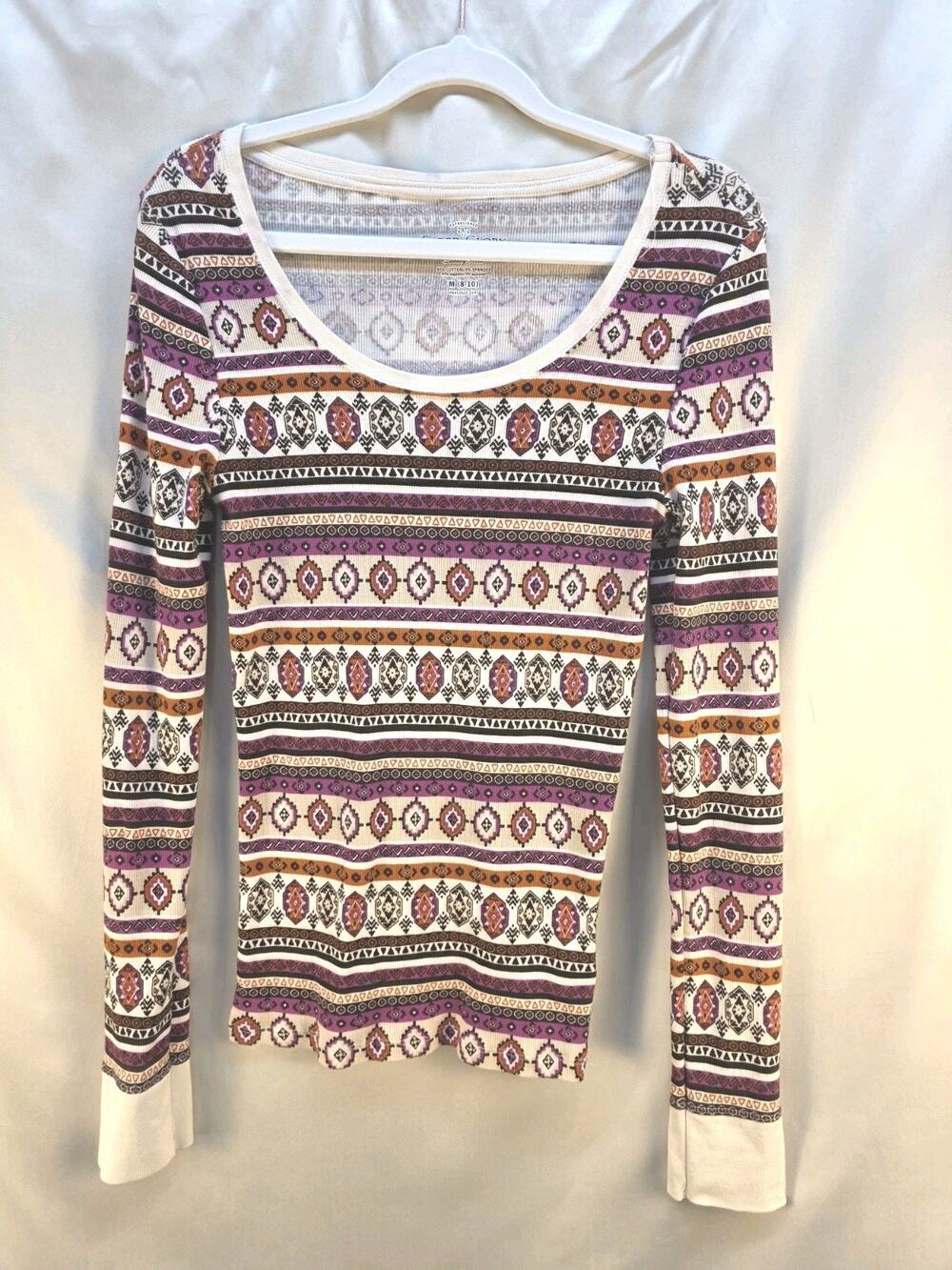 Faded Glory Women's Size M Long Sleeve Y2k Waffle Knit Thermal Tee Boho Tribal